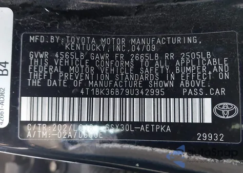 2009 Toyota Avalon Limited from USA, damaged, VIN 4T1BK36B79U342995